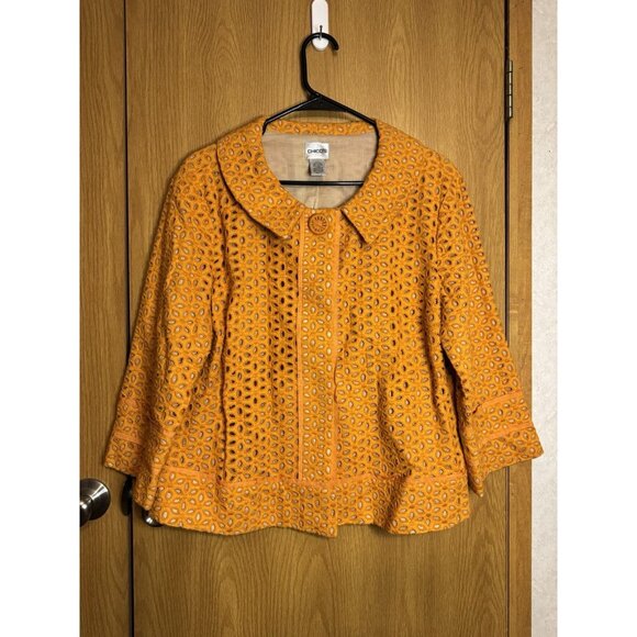 CHICOS Linen Blend Eyelet Blazer Jacket 3/4 Sleeve Sz 2/M Career Professional - Picture 2 of 10